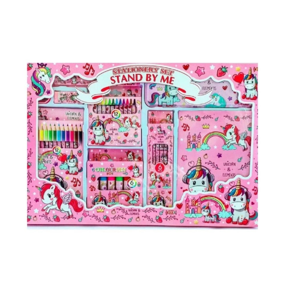 Assorted metal unicorn stationery kit: pencils, eraser, sharpener, scale, crayons, sketch color, drawing book - perfect for kids' birthdays or returns