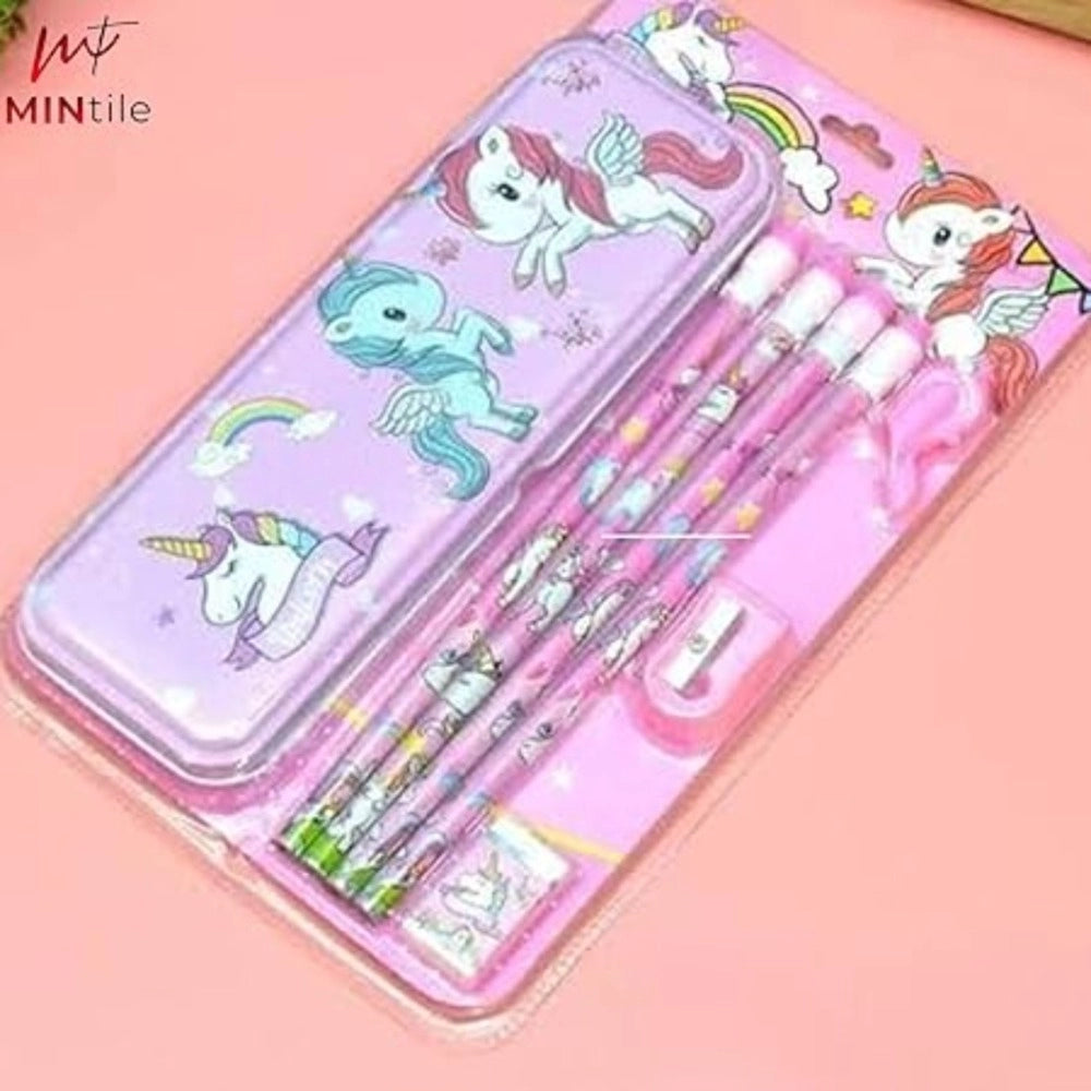 Assorted Metal Unicorn Pencil Set with 4 pencils, sharpener, eraser & cap - Perfect gifting for kids aged 3+ years