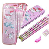 Assorted metal unicorn pencil set with 4 pencils, sharpner, eraser, and cap. Perfect gifting stationery for kids aged 3+