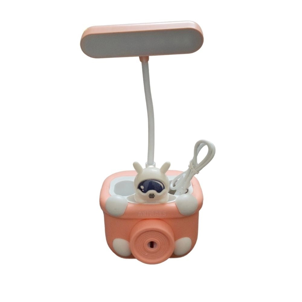 Pink and white plastic study lamp with a blue light, five adjustable brightness settings