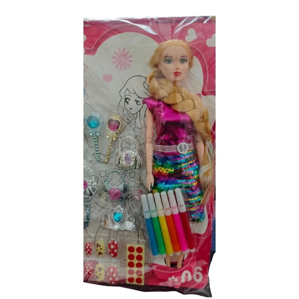 Assorted rubber Barbie doll with moveable hands & posable legs, jewellery set for 1+ year old girls' playtime