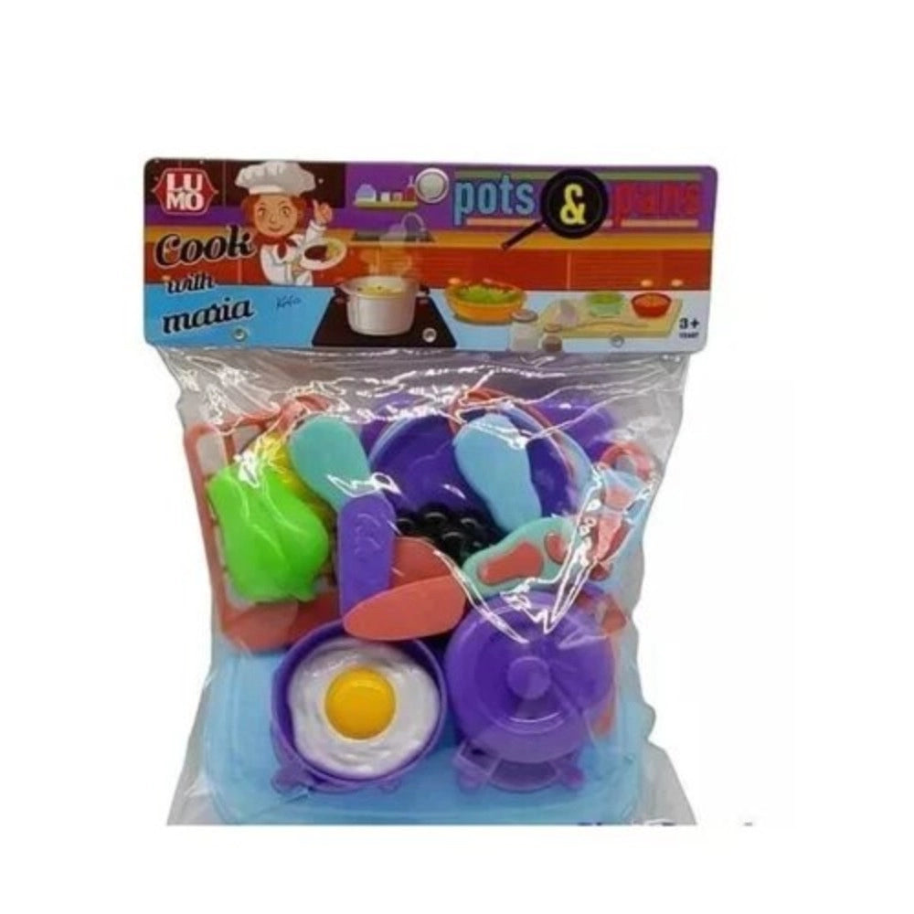 Assorted plastic kitchen toys for kids 3+ years, includes 17 pieces: saucers, plates, basket, stove, chopping board, pan, cooker, knife, fork, spoon, spatchula, fruits, vegetables