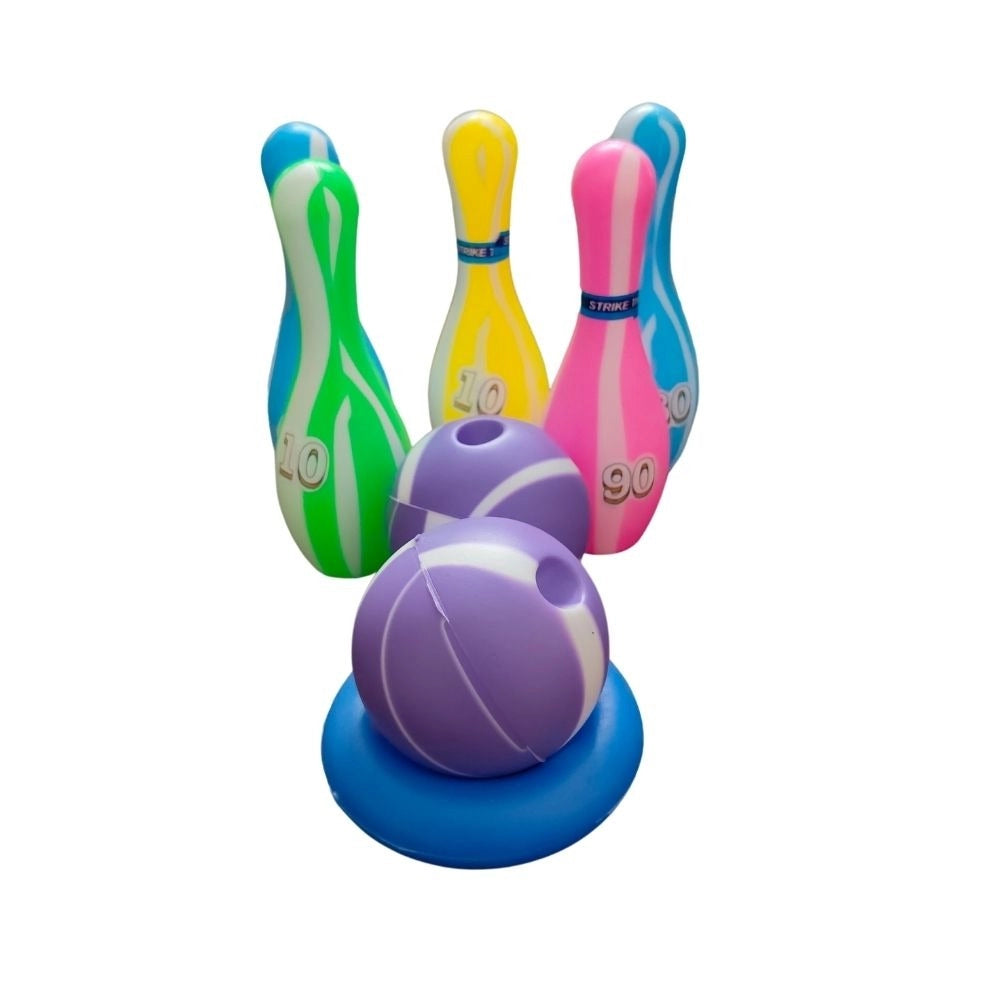 Assorted color, plastic junior bowling set with 5 bottles, 2 balls, and 1 ball stand ring. Ideal indoor toy for toddlers aged 1+ years