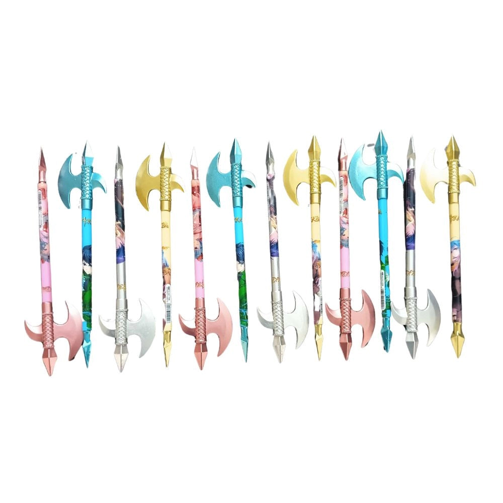 12 PCS Chinese Style Sword Ball Pens, blue & pink plastic, novelty stationery set.