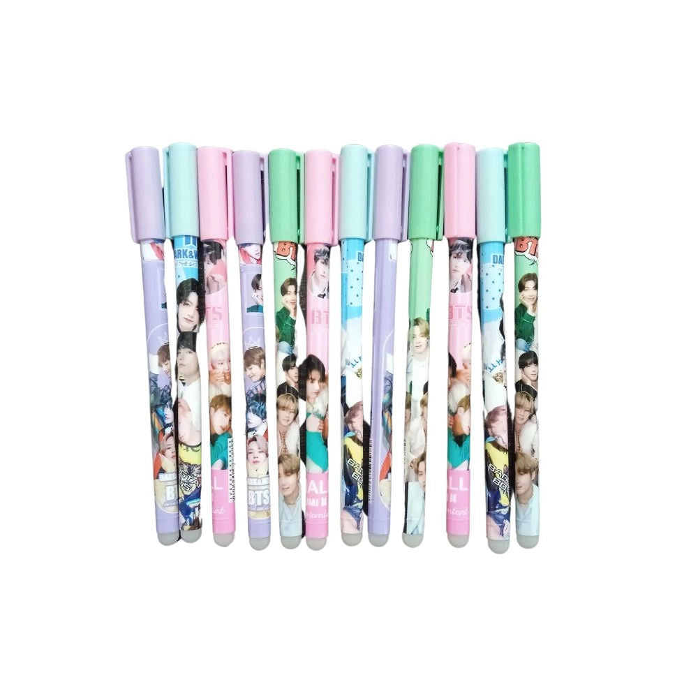 12pcs BTS themed reusable pencils with eraser, plastic & metal, colorful stationery.