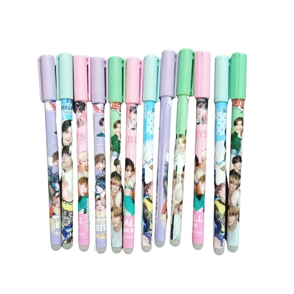 12pc BTS theme pencils, pink, plastic & metal, featuring idols, ideal stationery.