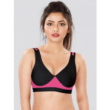 Black-Pink 4D stretch sports bra by Dermawear on model, solid design for women's fitness activities