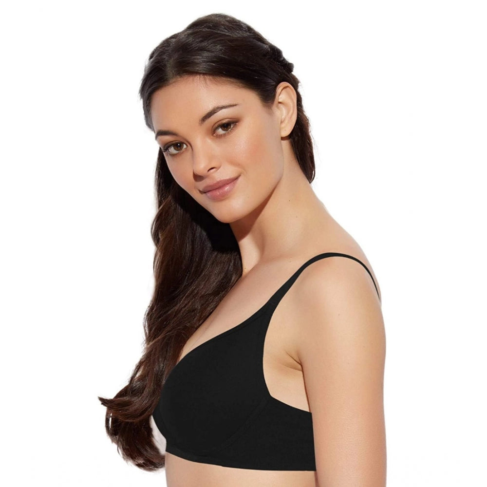 Black cotton t-shirt bra (non-wired, medium coverage) - Enamor A039 women's non-padded solid style