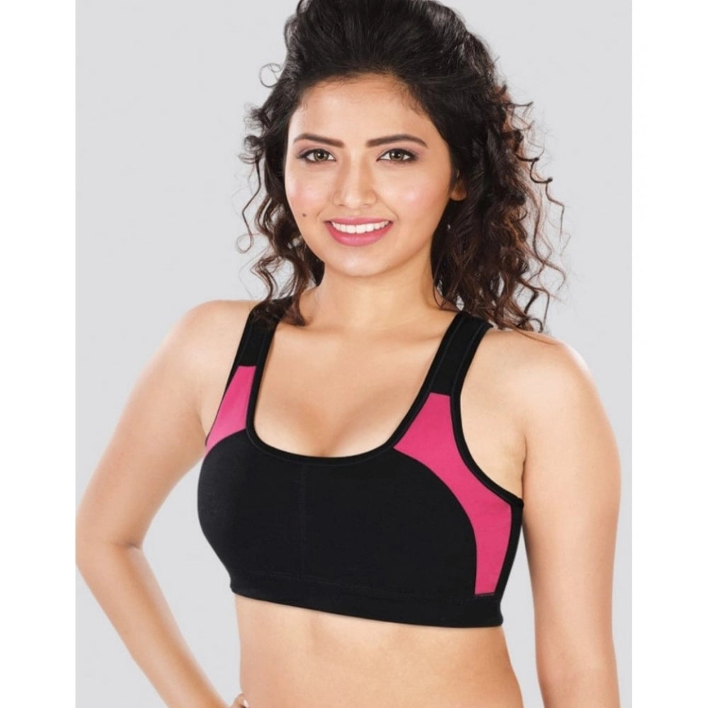 Black-Pink 4D stretch sports bra by Dermawear for women's workout, solid design with no padding on display