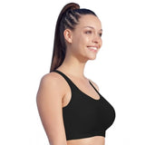 Black cotton high-coverage, non-padded low impact bra - Enamor SB06 on model