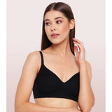 Black cotton everyday non-padded wirefree bra for women, solid design on display