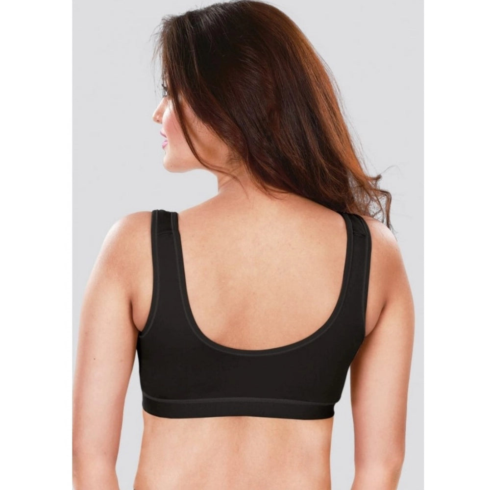 Black 4D stretch sports bra by Dermawear for women's fitness, solid design without padding
