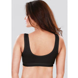 Black 4D stretch sports bra by Dermawear for women's fitness, solid design without padding