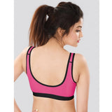 Black-Pink Dermawear sports bra with 4D stretch material for women's workout, solid color design without padding on display