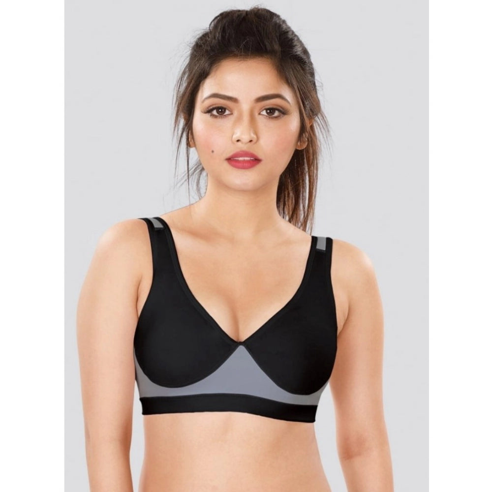 Black-Grey 4D stretch sports bra by Dermawear for women's fitness activities, solid design without padding