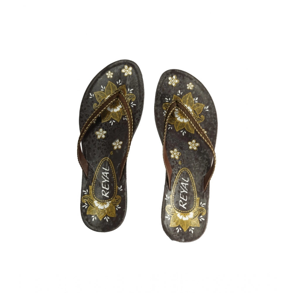 Women's Polyurethane Printed Slip-on Slipper (Brown) - GillKart