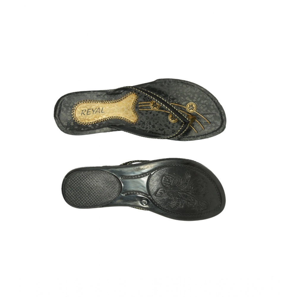 Women's Polyurethane Printed Slip-on Slipper (Black) - GillKart