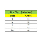 Women's peach and black printed 3/4 sleeve jumpsuit, with a size chart visible