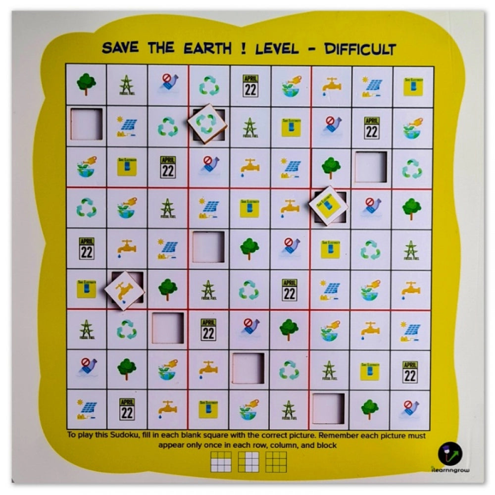 Multi-colored wooden 'Save the Earth' puzzle game, challenging 10x10 inches