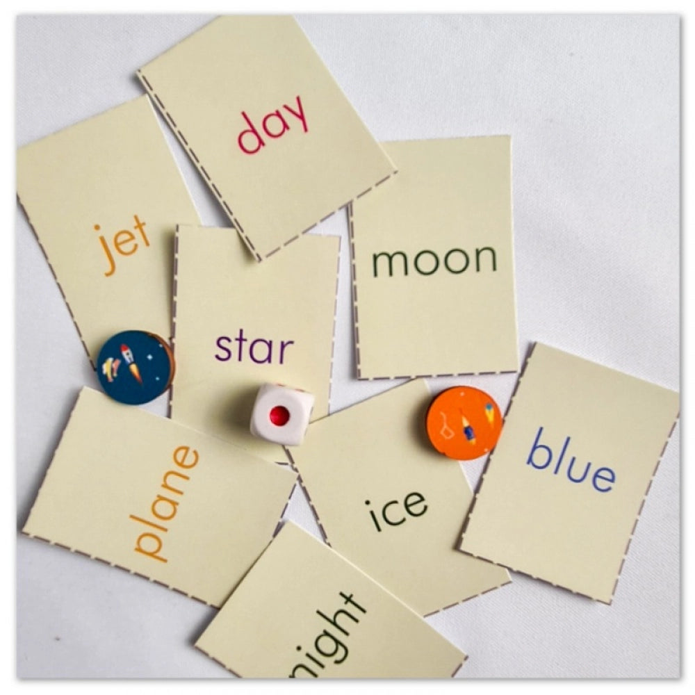 Multi-colored wooden Words in the Air Space board game, 10x10 inches for family fun