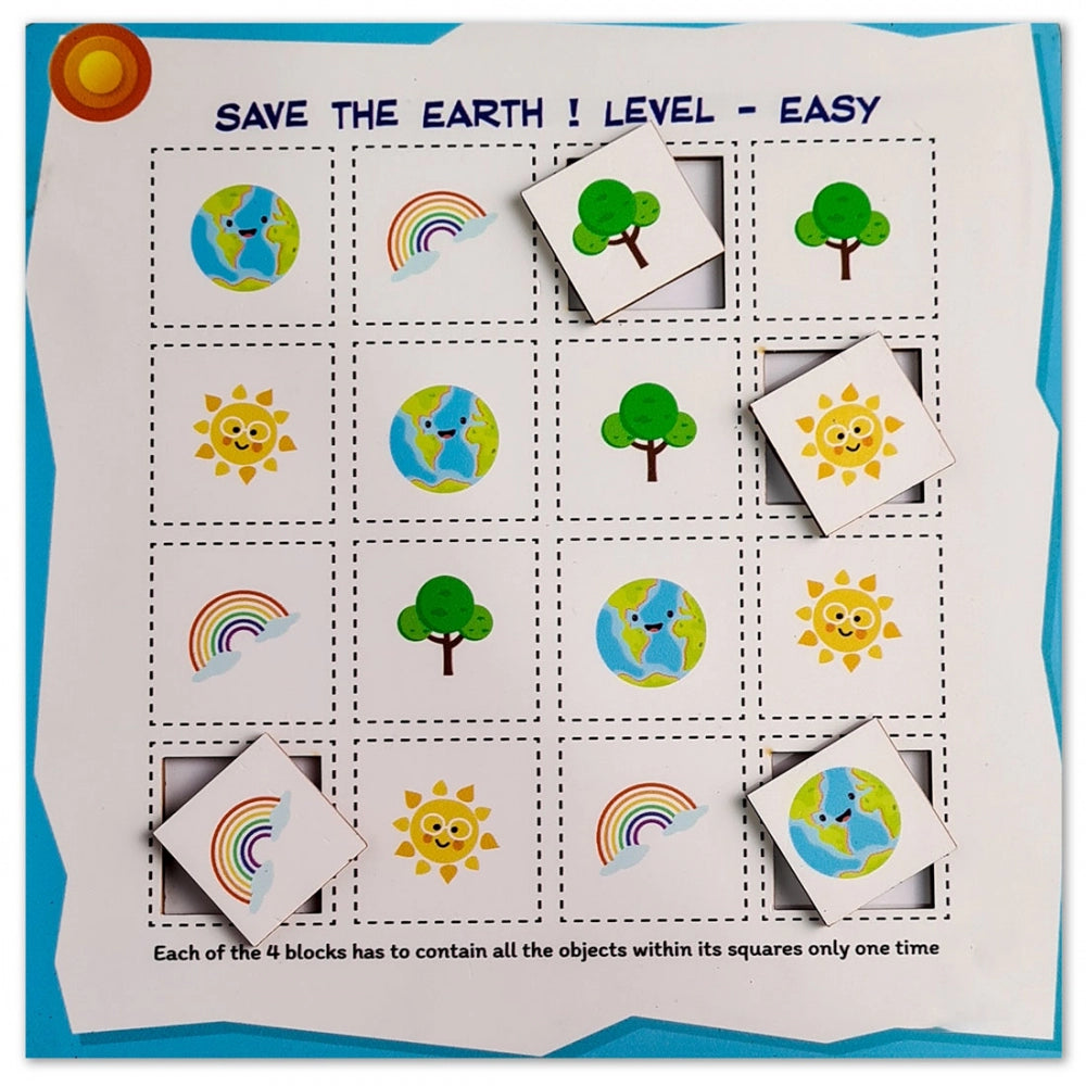 Multi-colored wooden 'Save the Earth' puzzle game for children, 10x10 inches