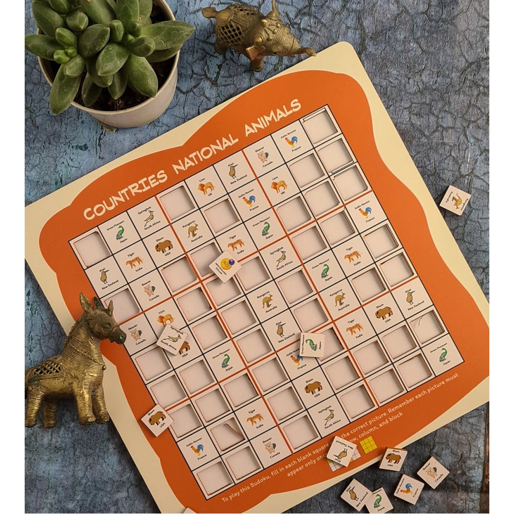 MultiColor wooden puzzle game featuring countries' national animals (10x10 inches)