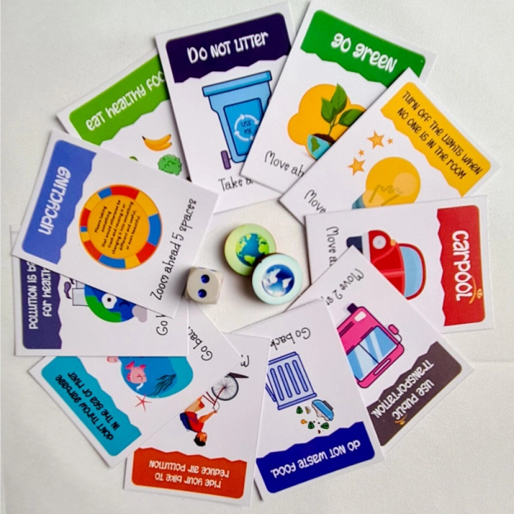 Multi-colored wooden Saving Planet board game, eco-friendly family fun for ages 8+ on a 10x10 inch board
