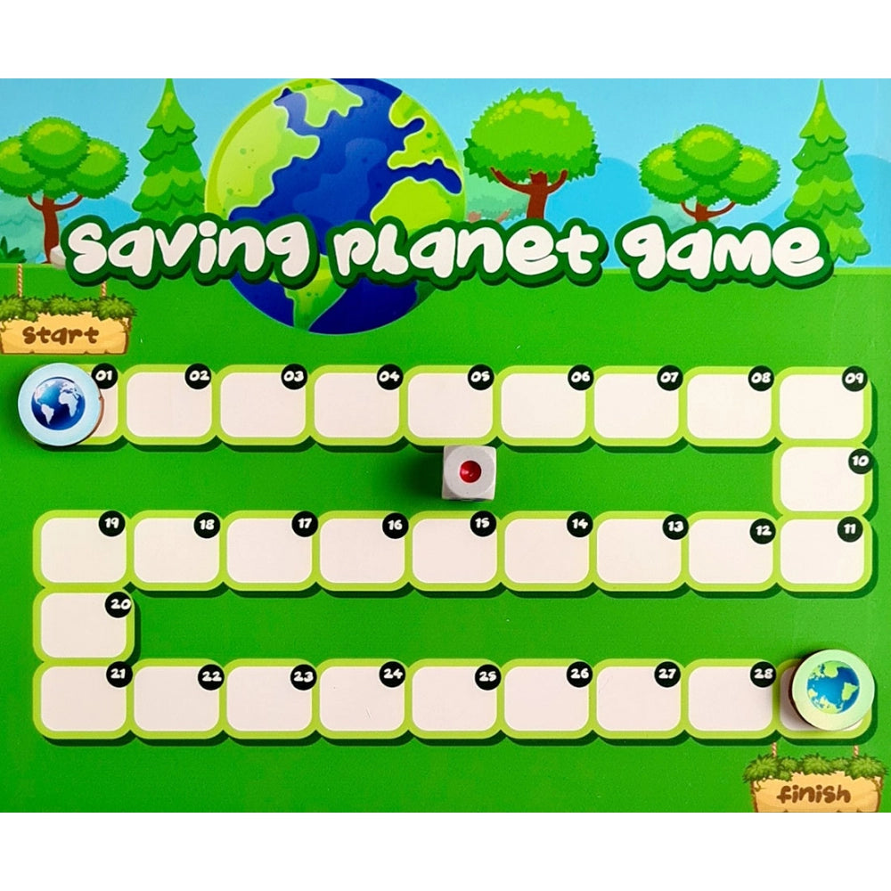 Multi-colored wooden Saving Planet board game for family fun, 10x10 inches