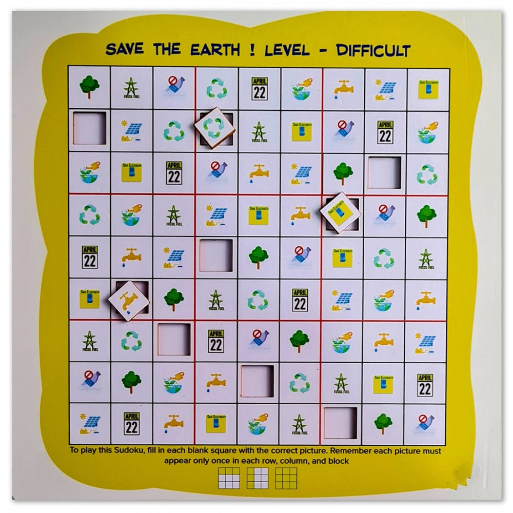 Multi-colored wooden puzzle game, Save the Earth theme, challenging 10x10 inches