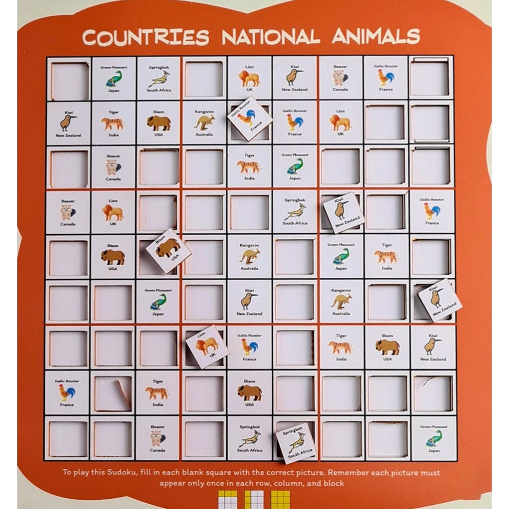 Multi-colored wooden puzzle game featuring national animals from various countries, suitable for family entertainment (10x10 inches)