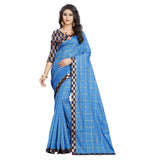 Women's Cotton Silk Checkered Saree With Unstitched Blouse 5.5Mtr (Light Blue)