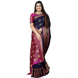 Women's Silk Blend Woven Saree With Unstitched Blouse 5.5Mtr (Dark Blue-Pink)