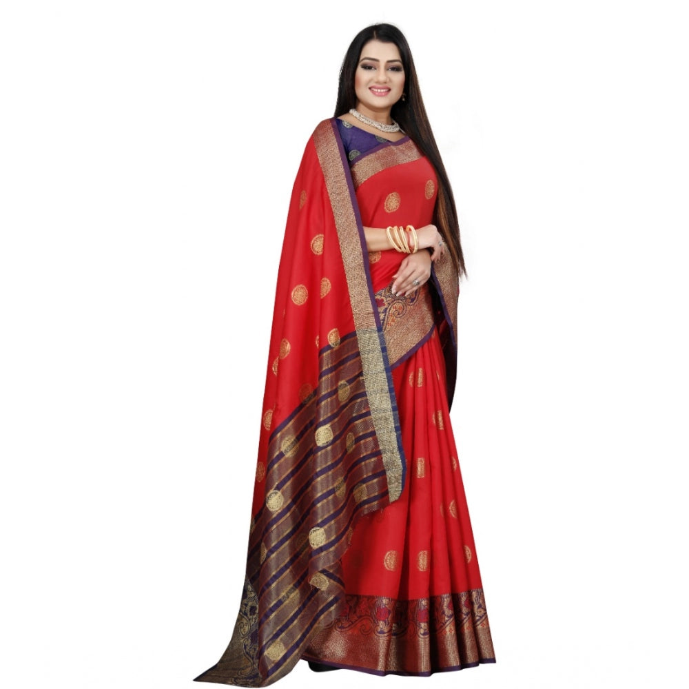 Women's Silk Blend Woven Saree With Unstitched Blouse 5.5Mtr (Red-Blue) - GillKart