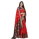 Women's Silk Blend Woven Saree With Unstitched Blouse 5.5Mtr (Red-Blue) - GillKart