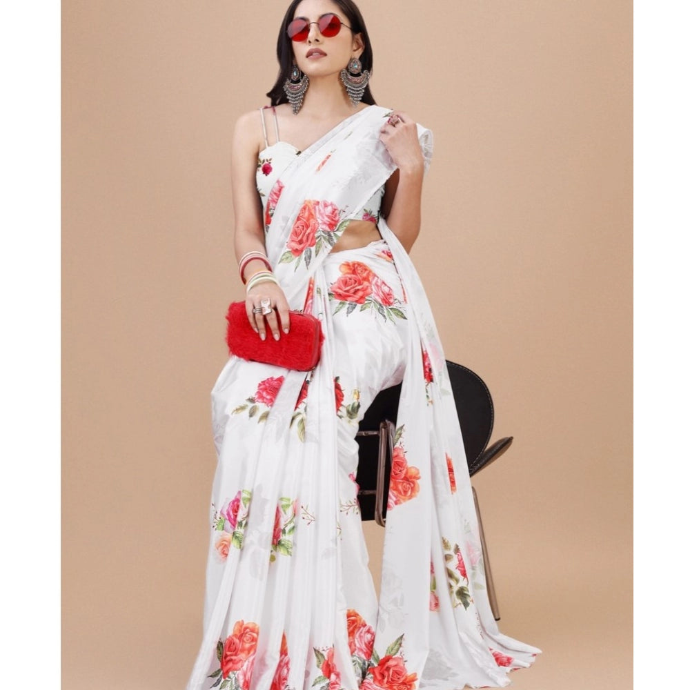 Women's Crepe Digital Print Saree With Unstitched Blouse 5.5Mtr (Cream) - GillKart