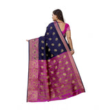 Women's Silk Blend Woven Saree With Unstitched Blouse 5.5Mtr (Dark Blue-Pink)