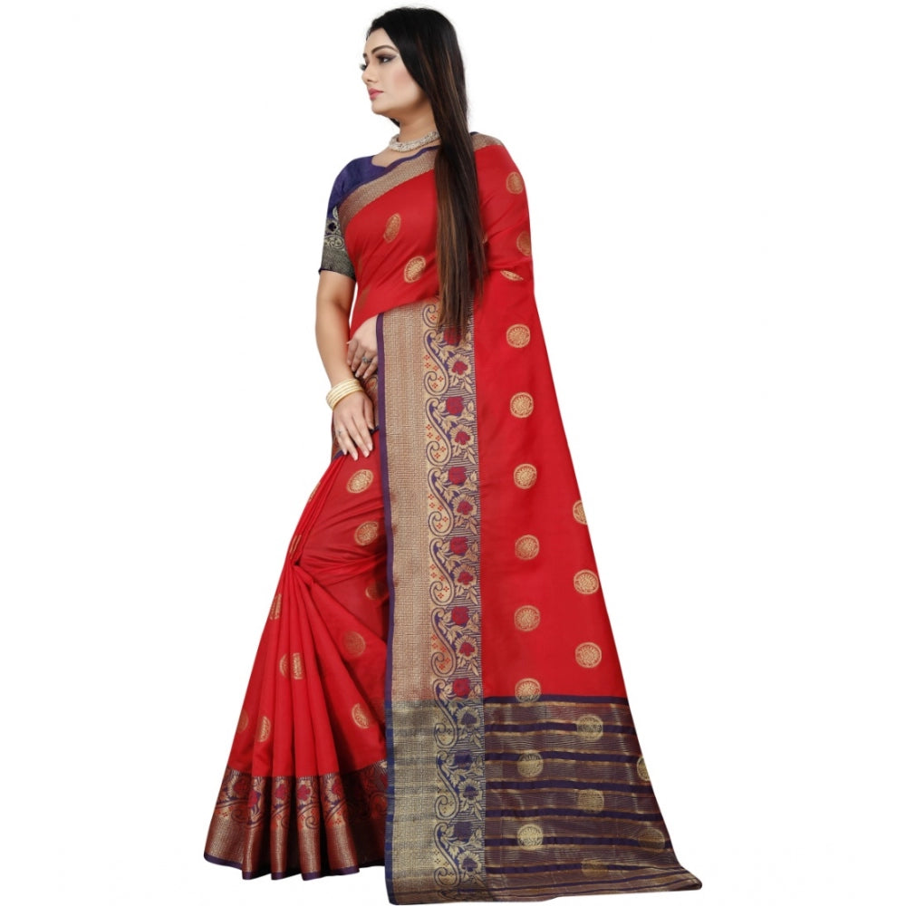Women's Silk Blend Woven Saree With Unstitched Blouse 5.5Mtr (Red-Blue) - GillKart