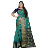 Women's Silk Blend Woven Saree With Unstitched Blouse 5.5Mtr (Green-Blue)