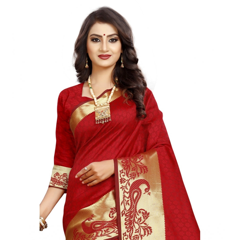 Women's Jacquard Woven Saree With Unstitched Blouse 5.5Mtr (Red) - GillKart