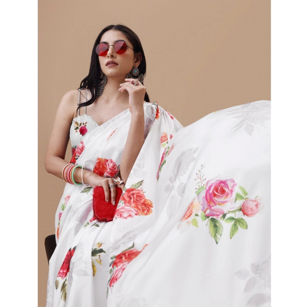 Women's Crepe Digital Print Saree With Unstitched Blouse 5.5Mtr (Cream) - GillKart