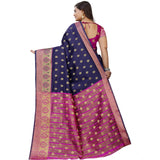 Women's Silk Blend Woven Saree With Unstitched Blouse 5.5Mtr (Dark Blue-Pink)