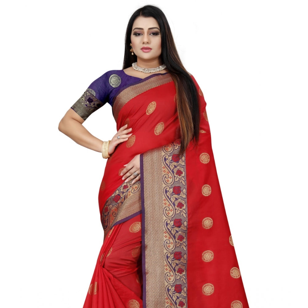 Women's Silk Blend Woven Saree With Unstitched Blouse 5.5Mtr (Red-Blue) - GillKart