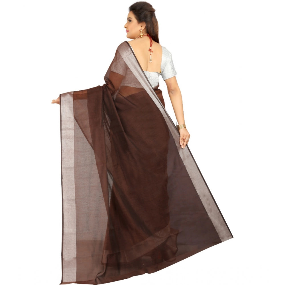 Women's Cotton Silk Self Design Saree With Unstitched Blouse 5.5Mtr (Brown) - GillKart