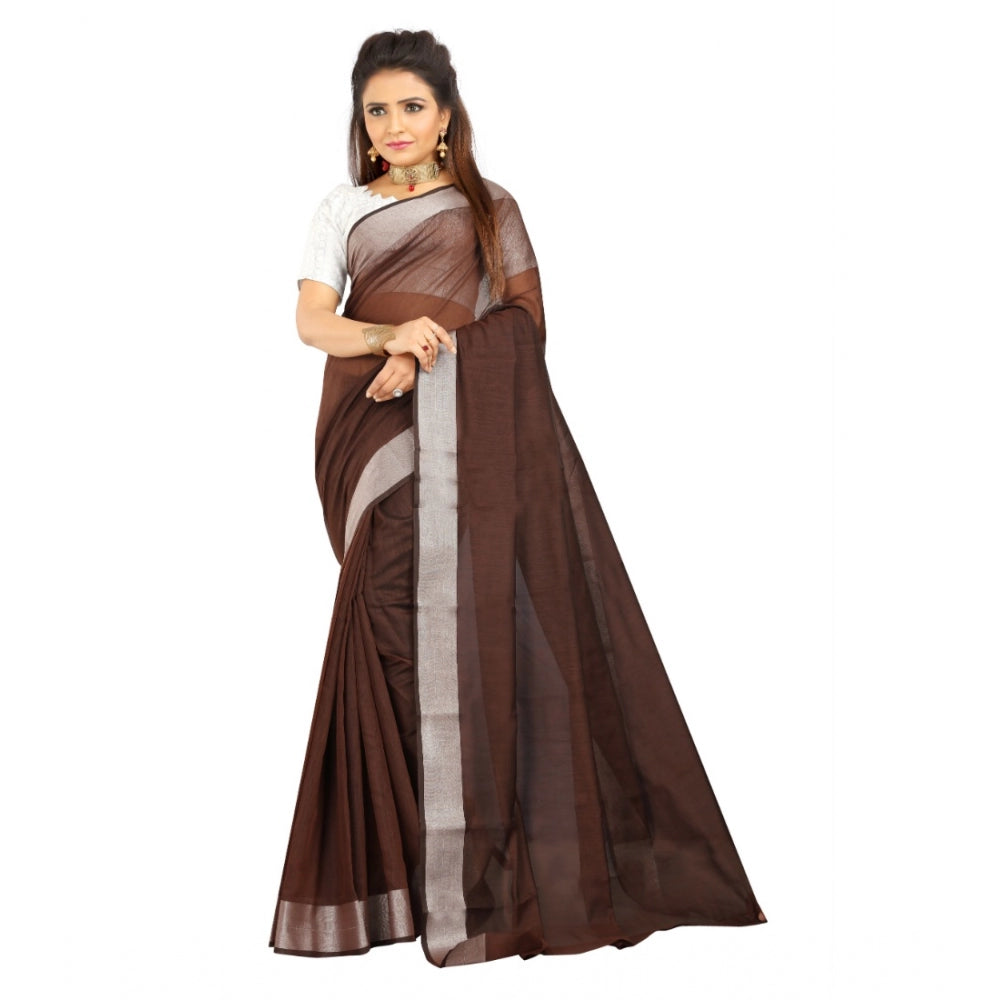 Women's Cotton Silk Self Design Saree With Unstitched Blouse 5.5Mtr (Brown) - GillKart