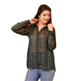 Green chiffon striped full sleeve collared shirt top for women