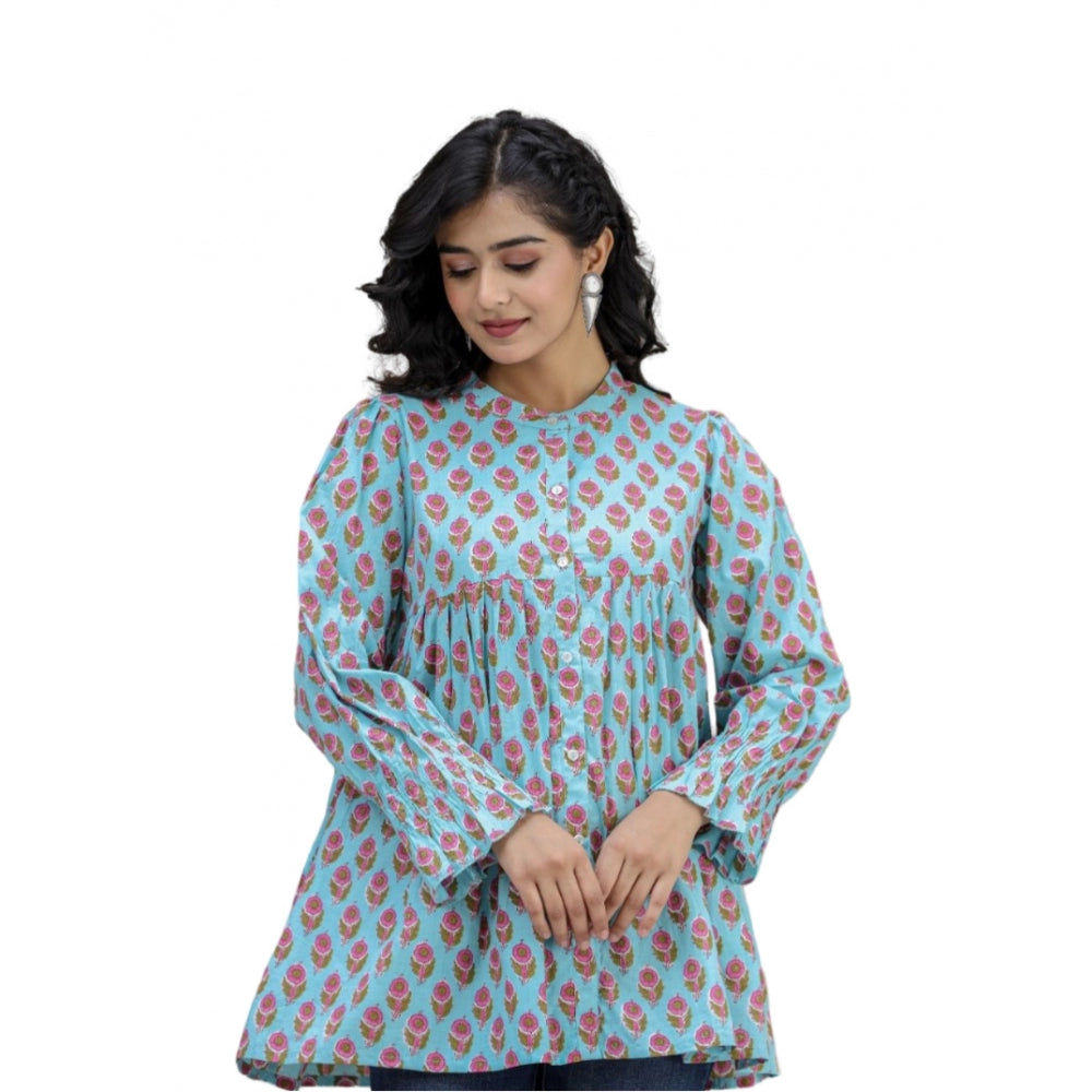 Turquoise cotton printed full sleeve mandarin collar tunic for women - vibrant pattern on short length tunic with mandarin collar