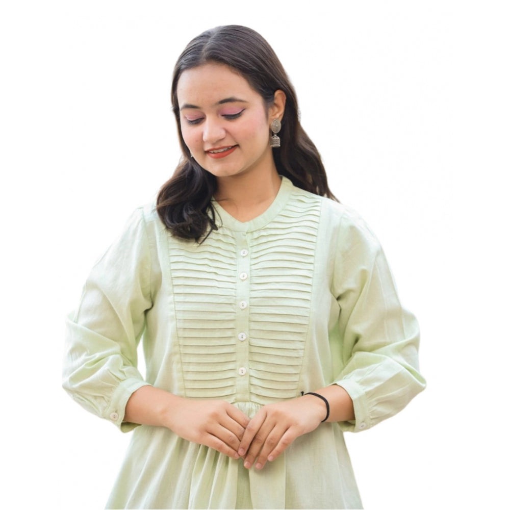 Green cotton women's solid full sleeve band collar tunic, perfect for casual wear