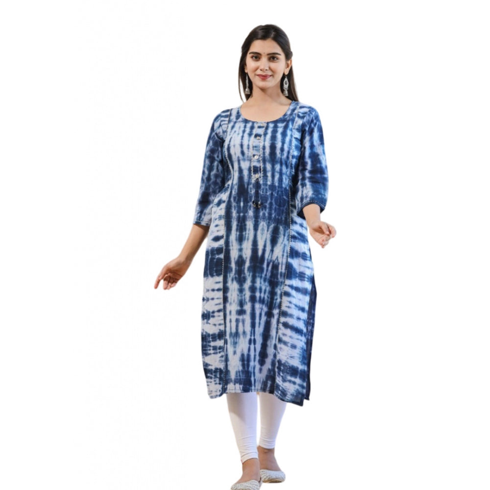 Blue cotton dyed 3/4 sleeve round neck kurti for women - vibrant color and comfortable wear
