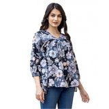 Black cotton printed 3/4 sleeve V-neck top with vibrant pattern detail
