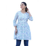 Women's cotton printed 3/4 sleeve round neck tunic in white-purple, vibrant pattern design on a model